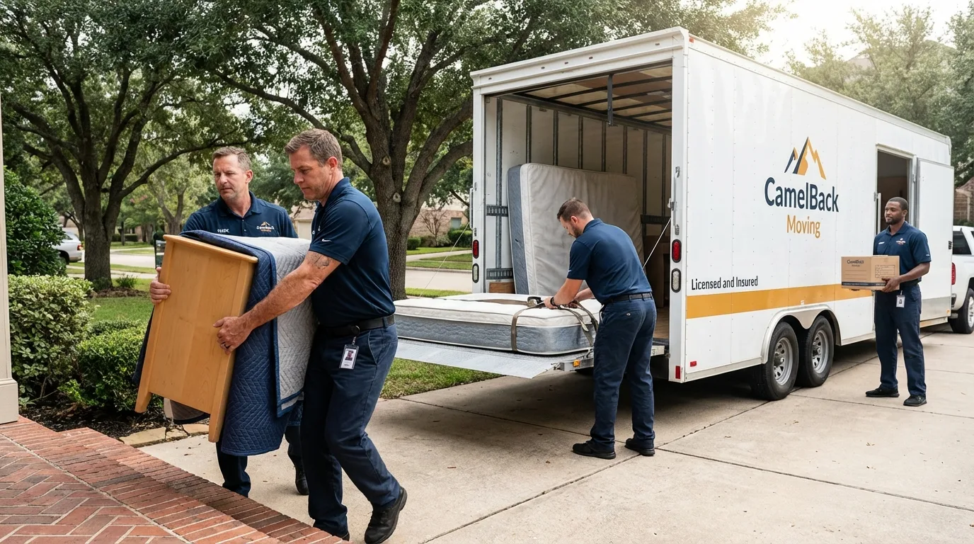 Crew loading residential truck for cross-state move from Clinton, IN