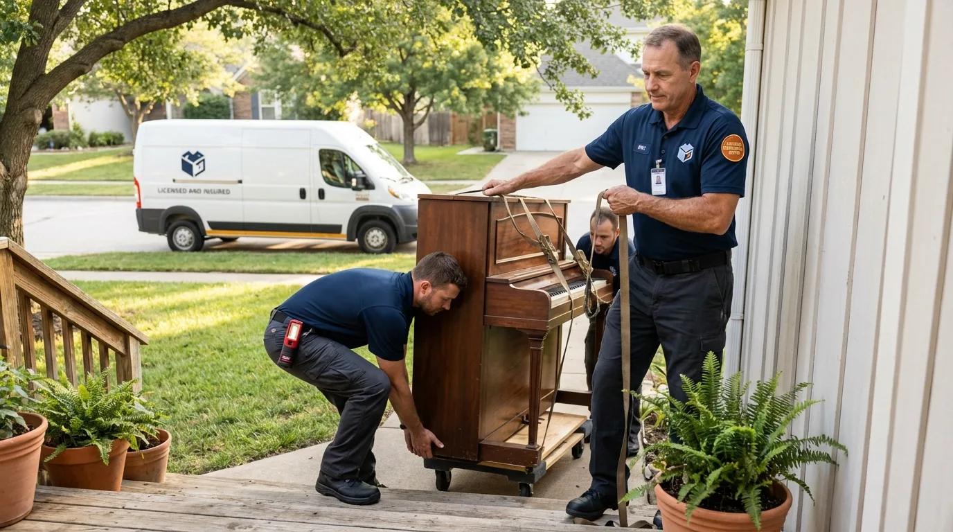 Licensed piano movers securing grand piano in Clinton, IN