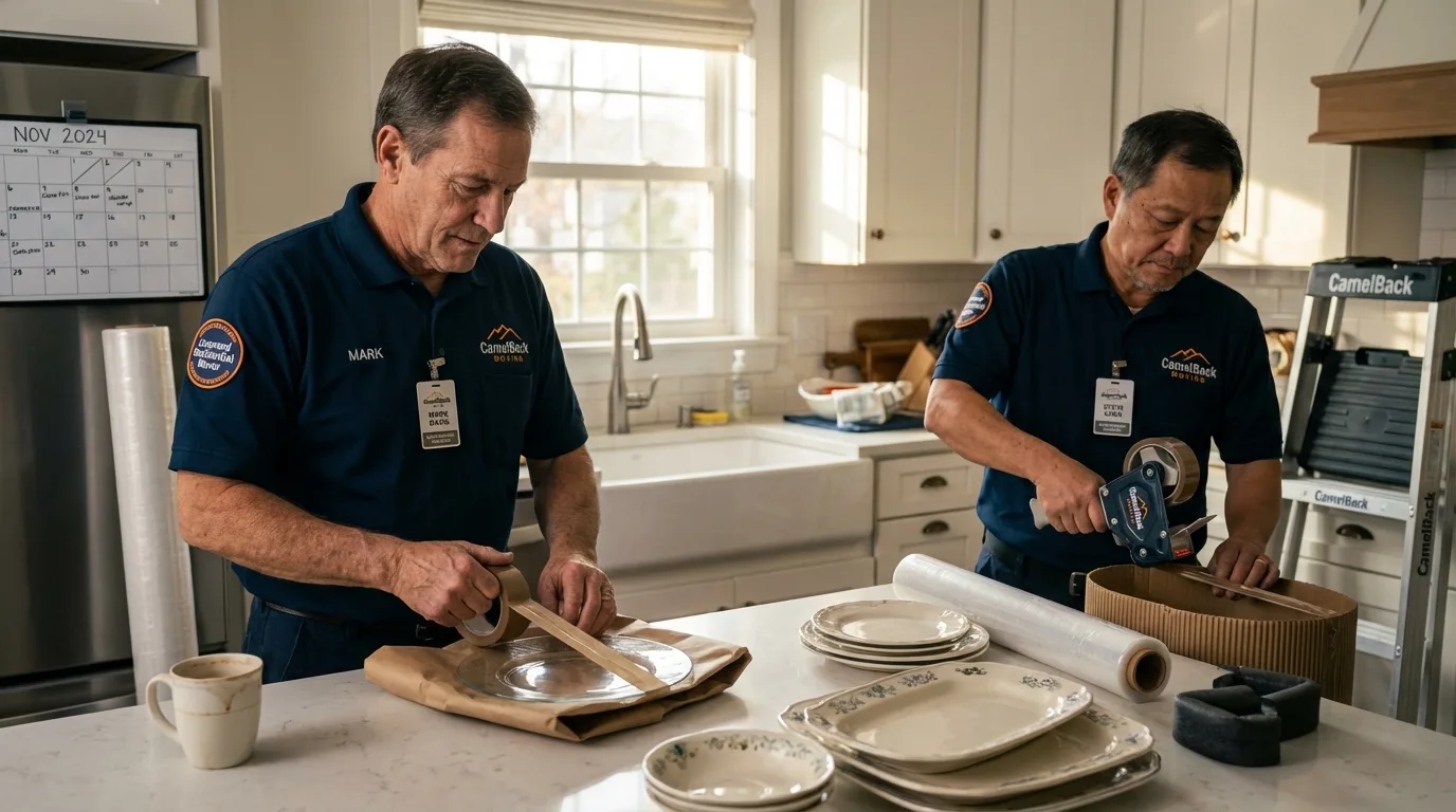 Professional crew packing kitchen dishware in Clinton, IN